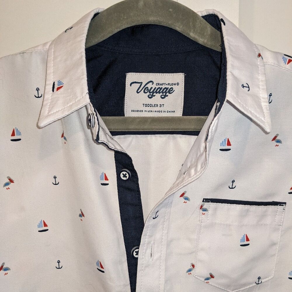 Craft + Flow Boys Nautical Button Shirt Sailboats Anchors White 3T